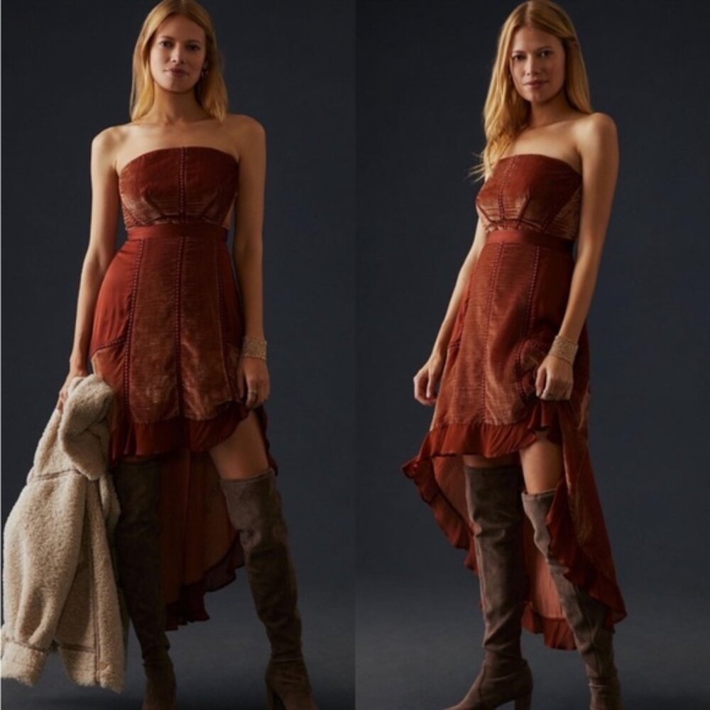 Anthropologie Strapless Terracotta High-Low Velvet Dress